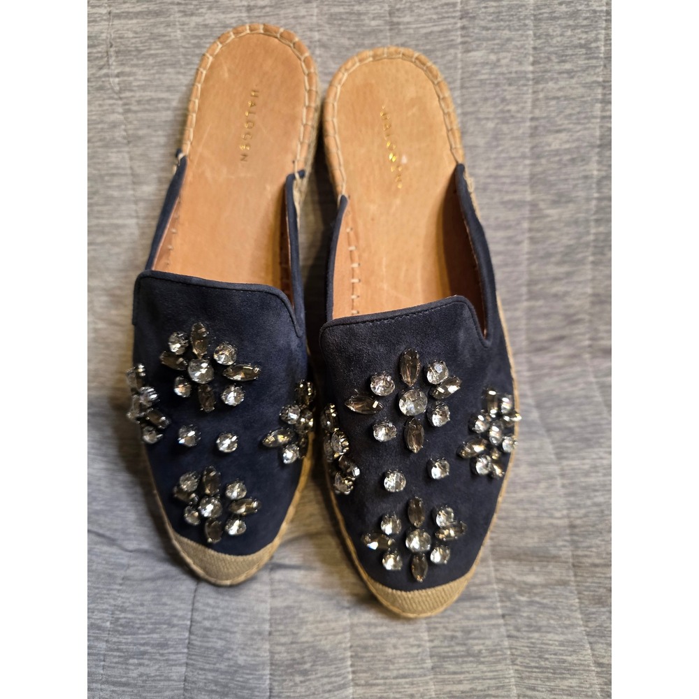 1465 Halogen Navy Blue Suede Crystal Embellished Espadrille Mules Slides 9.5M